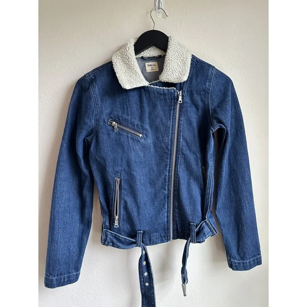 Gap Women's Denim Jacket XS Sherpa Lined Biker Belt Buckle Blue 1969